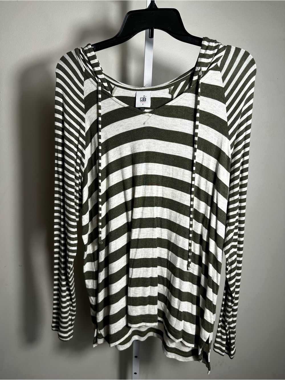 S223. CAbi Olive & White Striped Hooded Long-Sleeve Top oversized